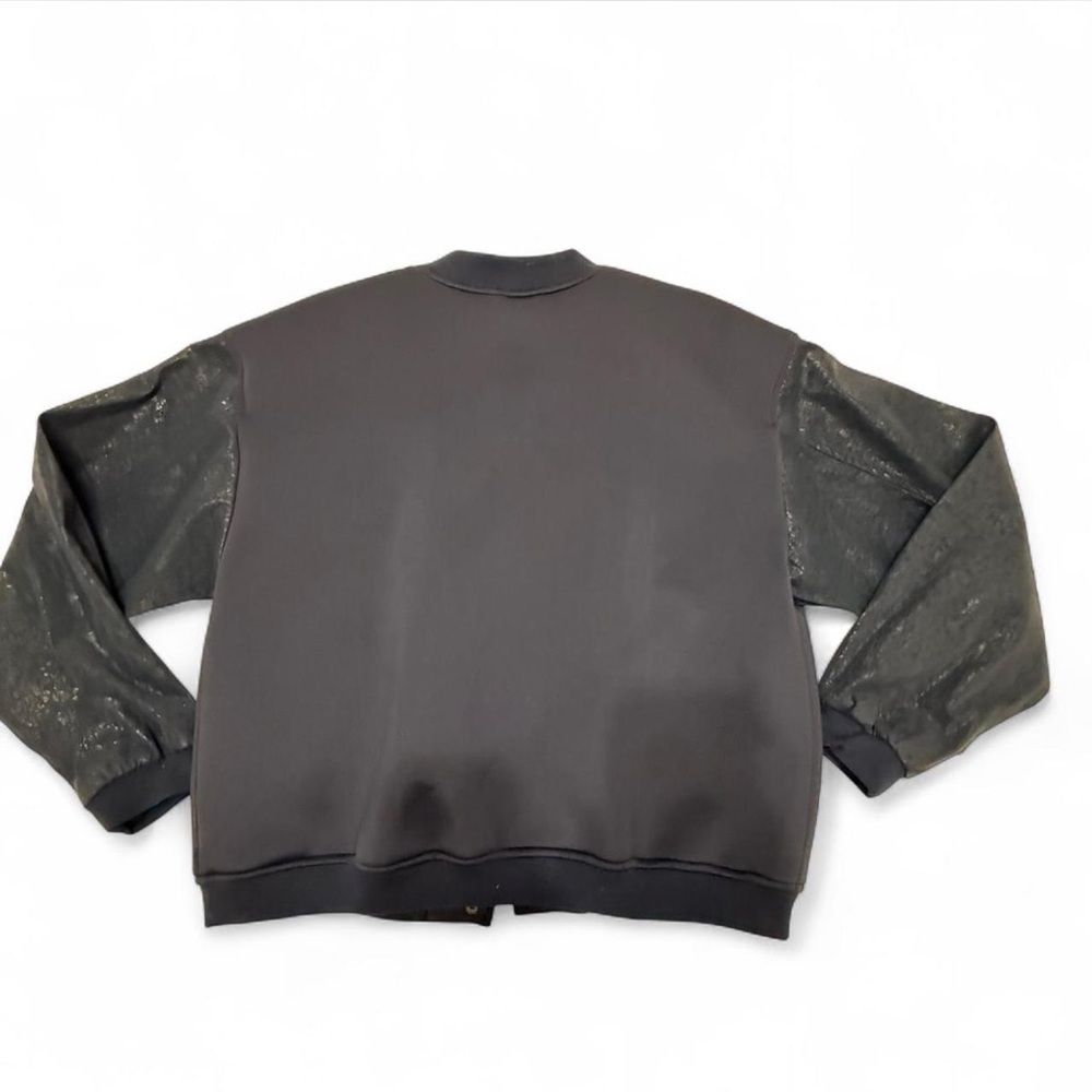 Navy Blue Bomber Jacket with leather sleeves - Picture 2 of 5